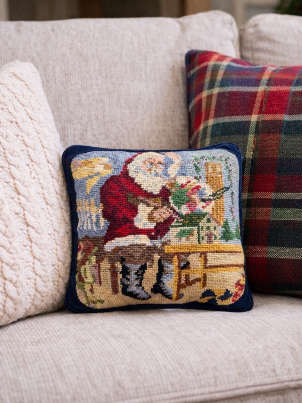 Vintage Needlepoint Santa Pillow Christmas Cushion 9.5” Blue Velvet